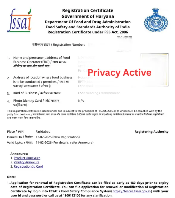Demo FSSAI Registration License from DII fssai registration demo certificate